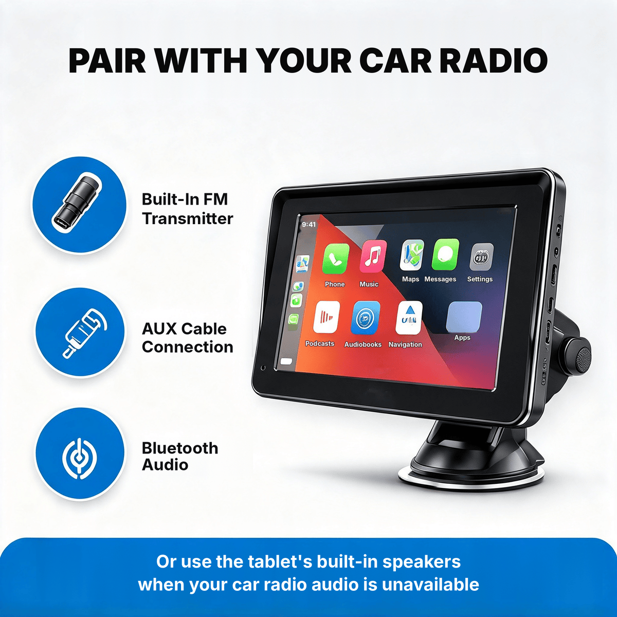 Audio options: FM transmitter, AUX cable and Bluetooth