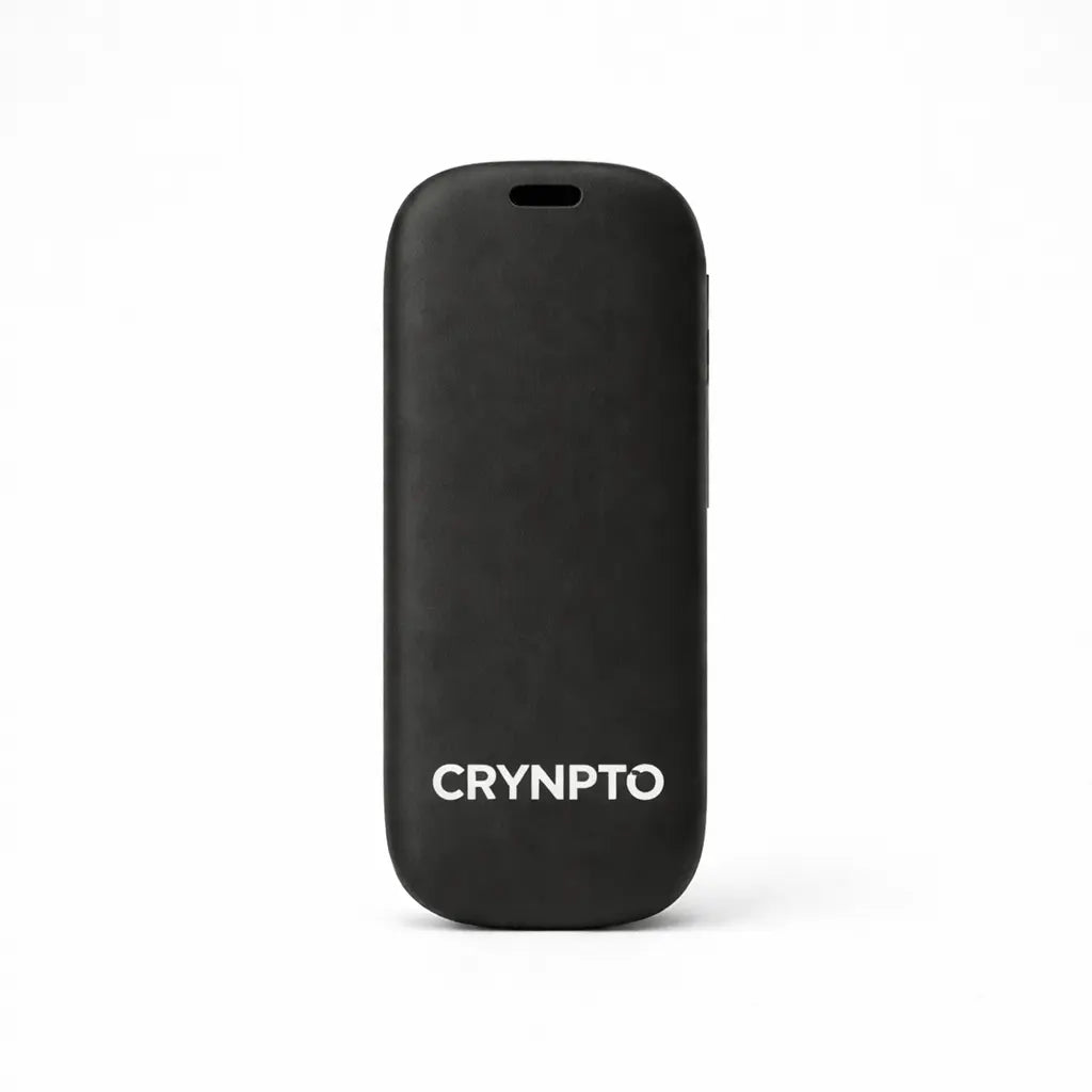 Black phone case with 'CRYNPTO' branding on a white background