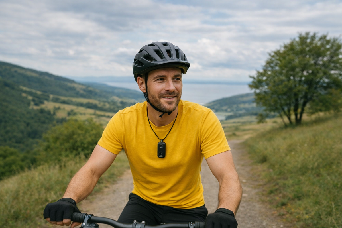 Man riding a bicycle on a scenic trail with mountains in the background