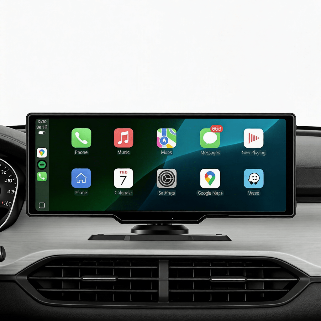 Crynpto 10.26" Wireless CarPlay & Android Auto Display with 4K Dash Cam, 1080p Backup Camera, GPS Navigation, Voice Control & Rotating Screen - Crynpto