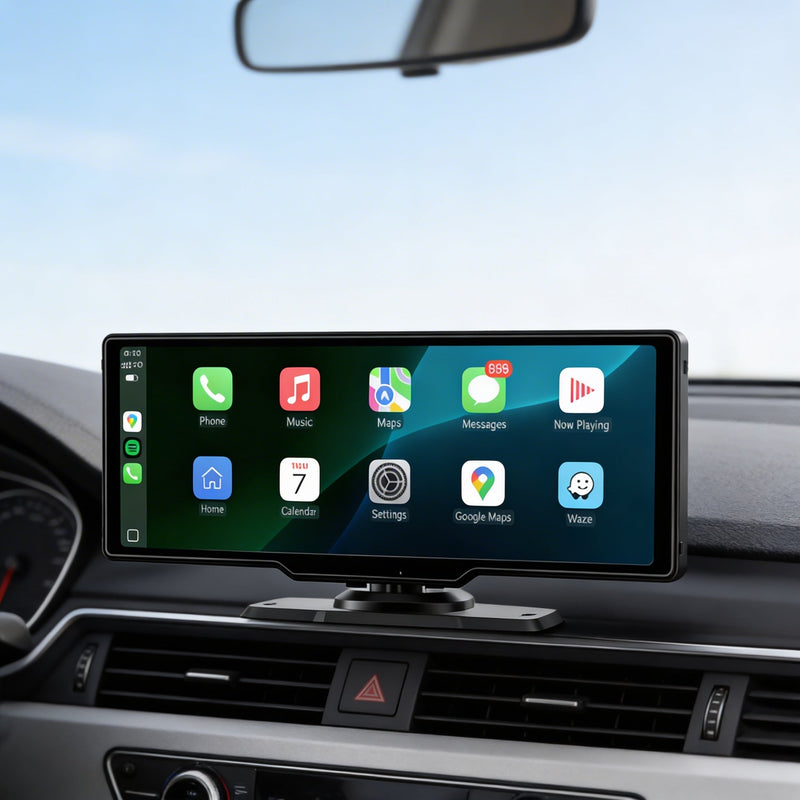 Crynpto 10.26" Wireless CarPlay & Android Auto Display with 4K Dash Cam, 1080p Backup Camera, GPS Navigation, Voice Control & Rotating Screen - Crynpto