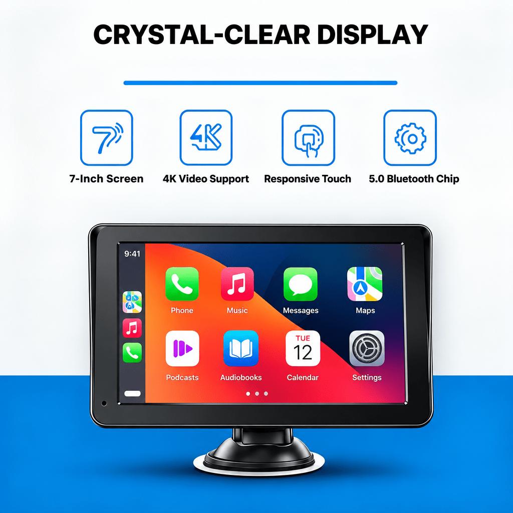 Crynpto 7 inch screen showing Apple CarPlay apps
